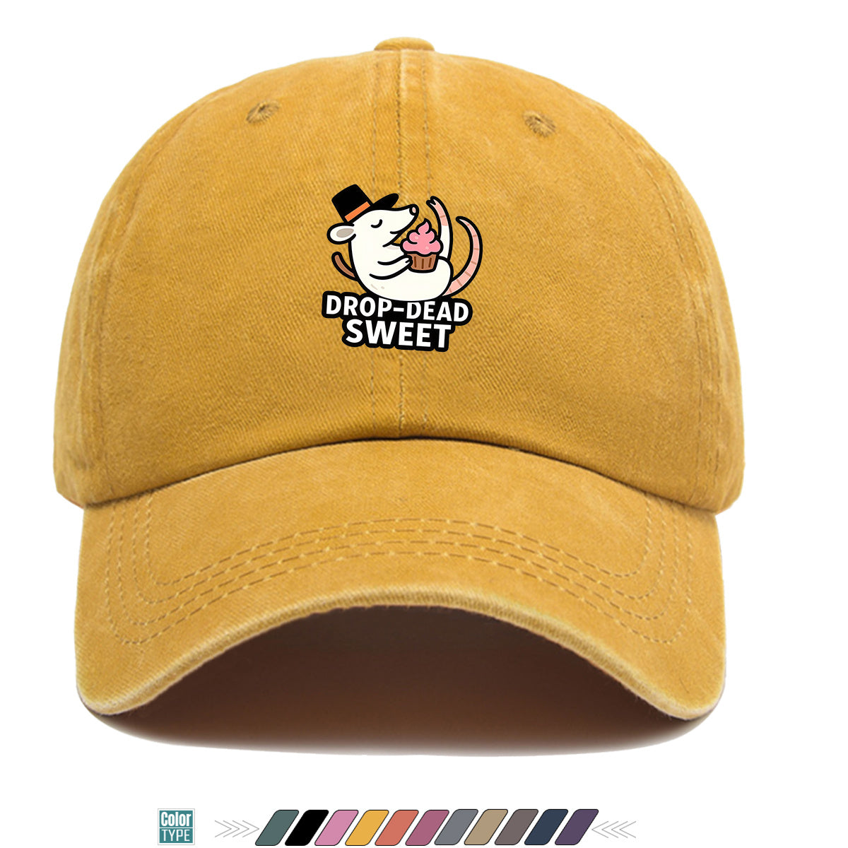 1pc 1pcs "DROP-DEAD SWEET" Mouse Top Hat & Cupcake Print Cap - Adjustable Unisex Baseball Hat Suitable for Parties, Travel, Daily Wear - Cute, Themed Outfits, Street Style for Men & Women (Powder Cream Cupcake)