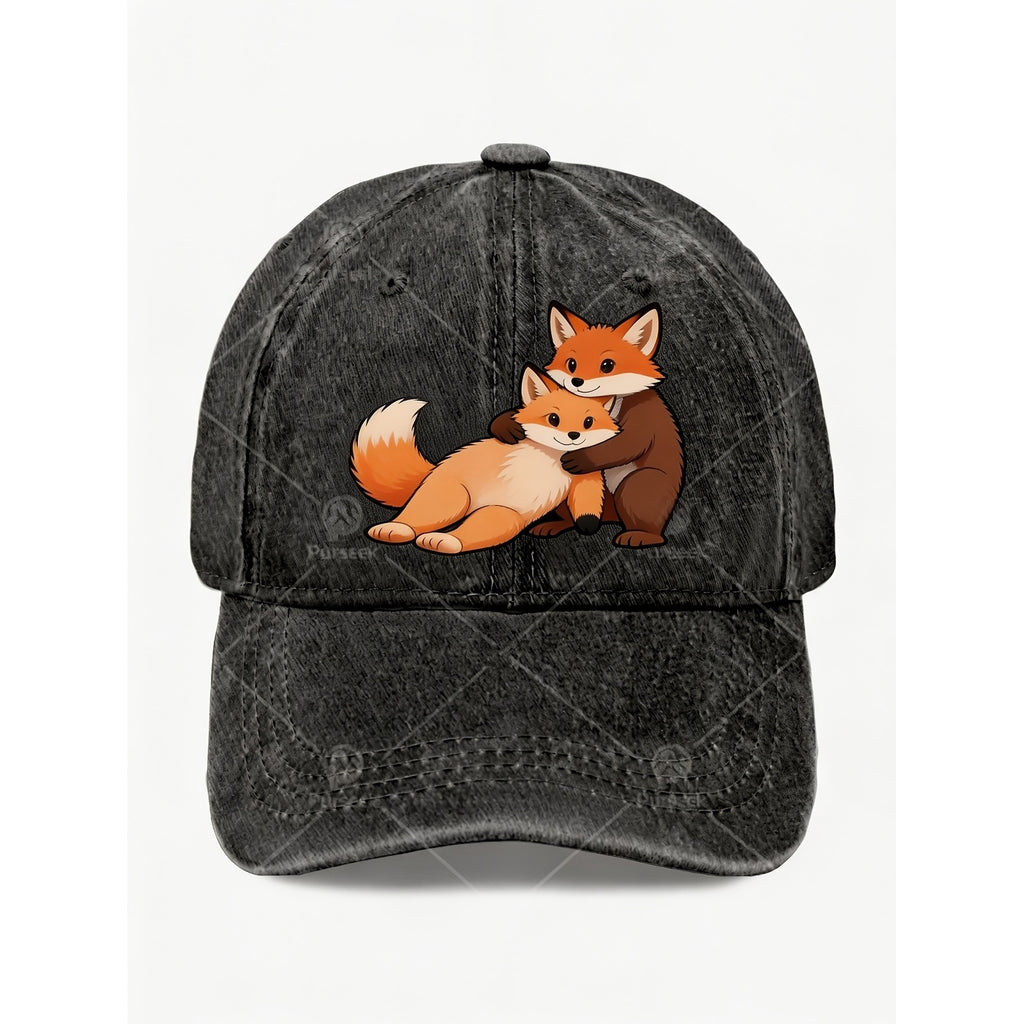 Cute Fox Couple Hug Embroidered Vintage Hat for Men Women Casual Streetwear Anniversary Gift