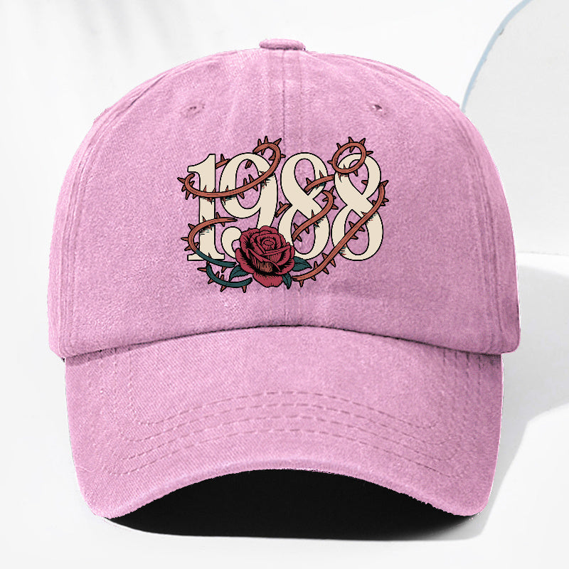 Unisex Thorn Flower 1988 Print Washed Vintage Baseball Cap, Fashionable Sun Outdoor Hat for Men and Women, Adjustable Trucker Hat Suitable for All Seasons and Daily Wear