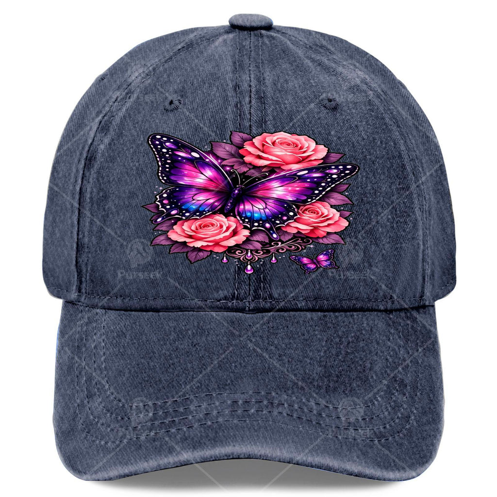 Men' & Women' Classic Baseball Cap with Butterfly & Purple Rose Print - Adjustable Pull-String Closure, Machine Washable Sporty Hat Suitable for Butterfly Enthusiasts, Casual Wear, Outdoor Activities, Gift