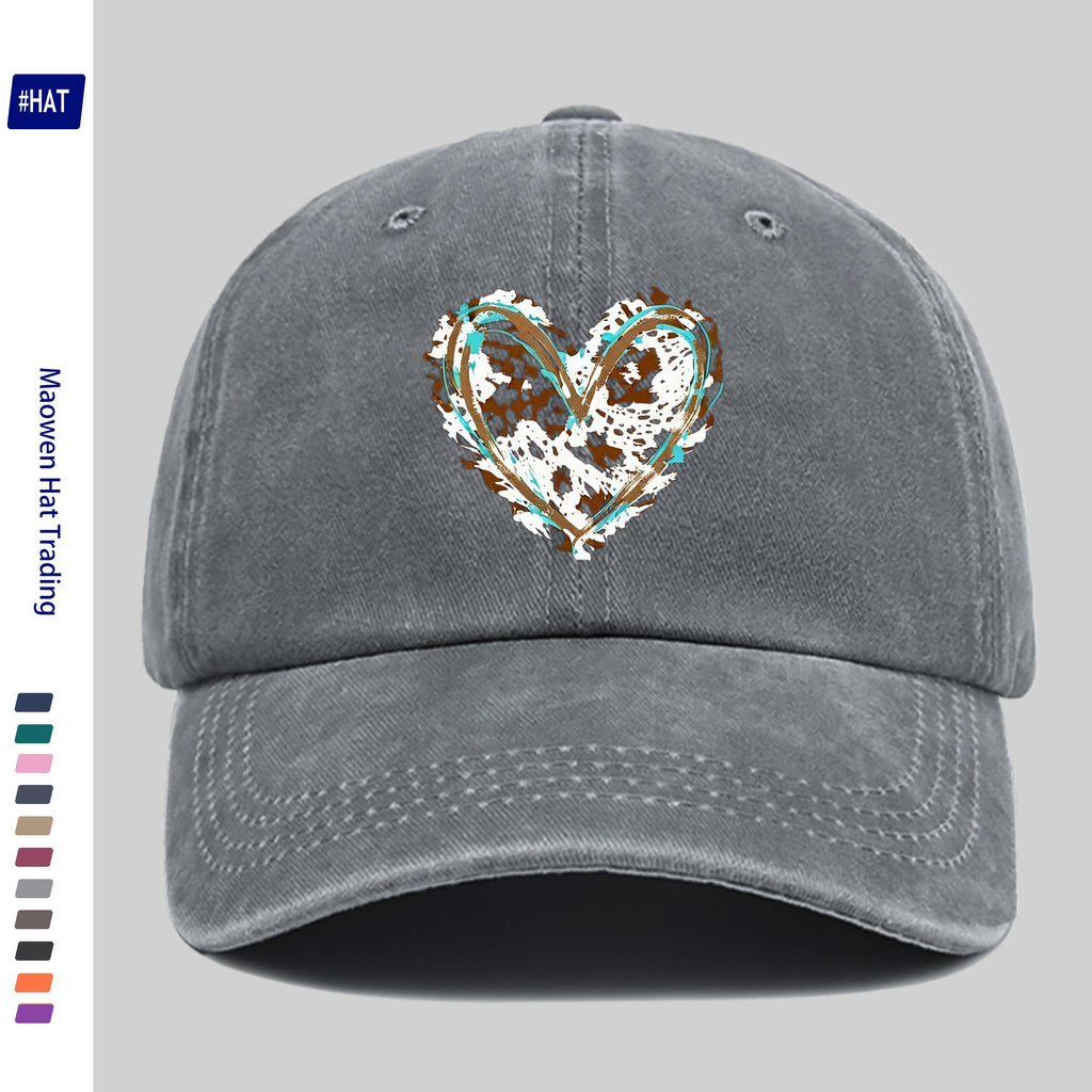 1 Adjustable Baseball Cap, Unisex, Versatile Street Style Fashion Printed Baseball Cap, Washed And Distressed Look Hat, Featuring a Fun Cartoon Heart Print Design, Comfortable And Lightweight, Vintage Street Skateboard Cap