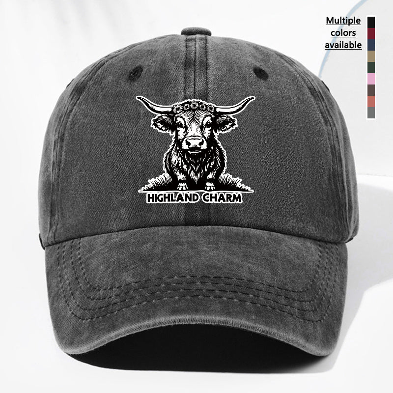 Unisex Small Cow HIGHLAND CHARM Animal Print Washed Vintage Baseball Cap Fashion Men Women Sun Hat Adjustable Size Trucker Hat Suitable for All Seasons Daily Wear
