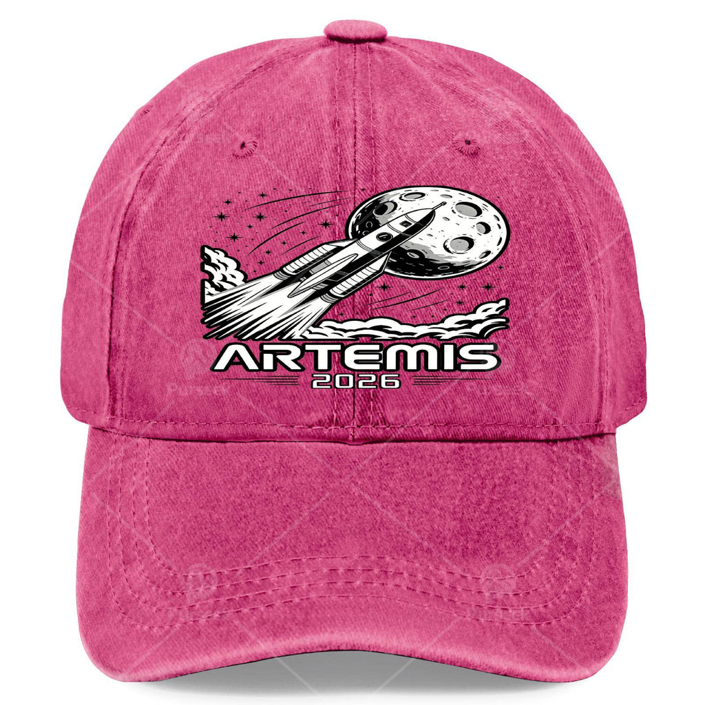 Artemis Launch to The Moon Retro Washed Distressed Baseball Cap - Unisex Full-Body Print with Artemis & Space, Lightweight Round Top Suitable for Christmas, 4th of, Events, Casual Wear, Hand Washable Vintage Hat
