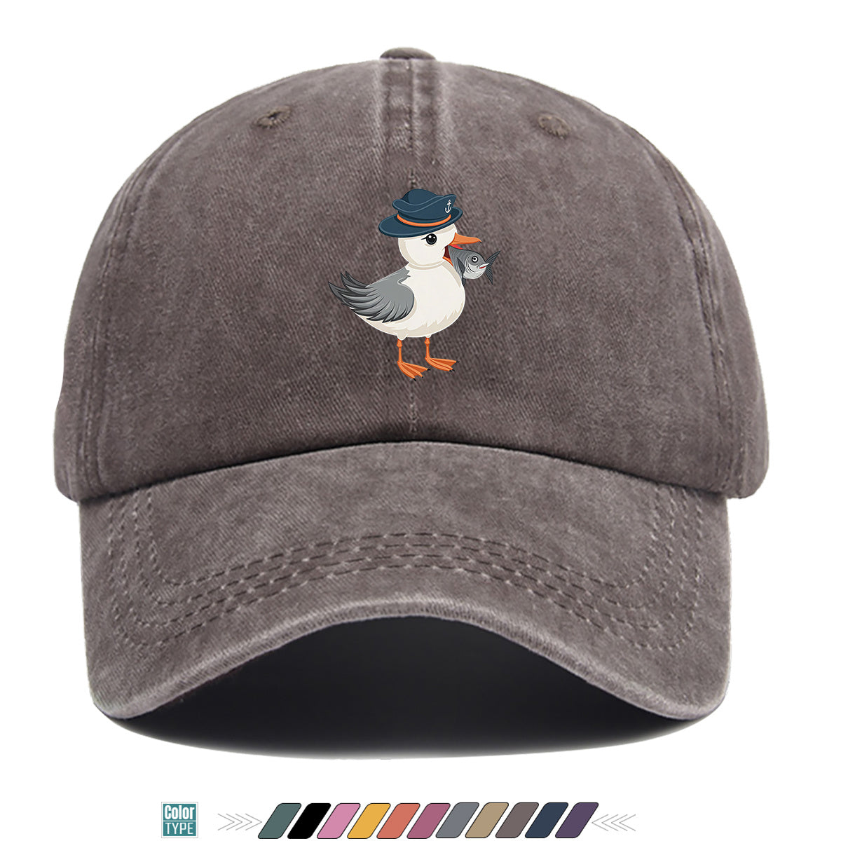 1pc Cartoon Seagull Wearing a Navy Hat with an Anchor Pattern, Holding a Fish in Its Mouth, with a Colorful Geometric Striped Background. Fun Animal Print Baseball Cap, Comfortable And Breathable Sun Hat, Stylish, Individual, And Beautiful
