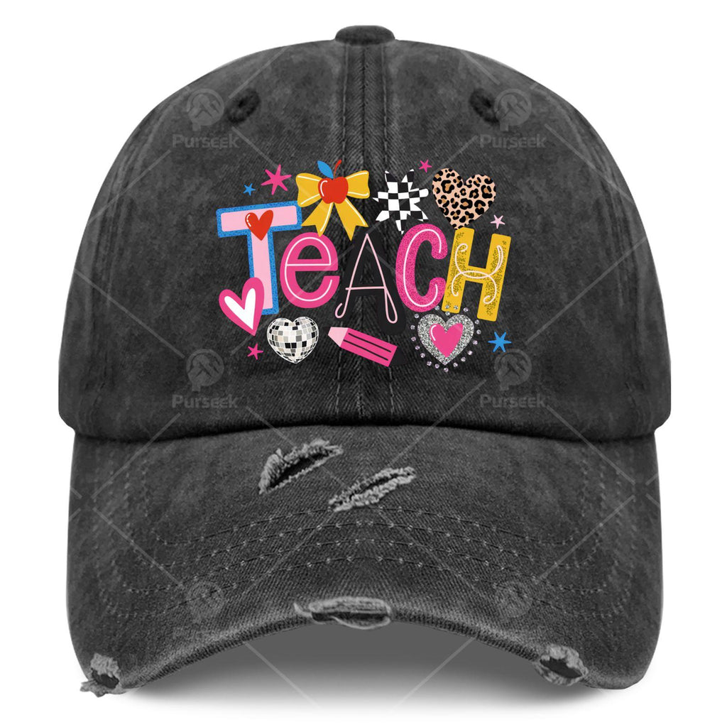 Teach Lovess Learnss Unisex Trucker Hat with Iconic Print - Adjustable Snapback Cap, Lightweight Vintage Washed Baseball Cap Suitable for All Seasons, Machine Washable for Men & Women, Casual Wear, Classic Round-Top Design
