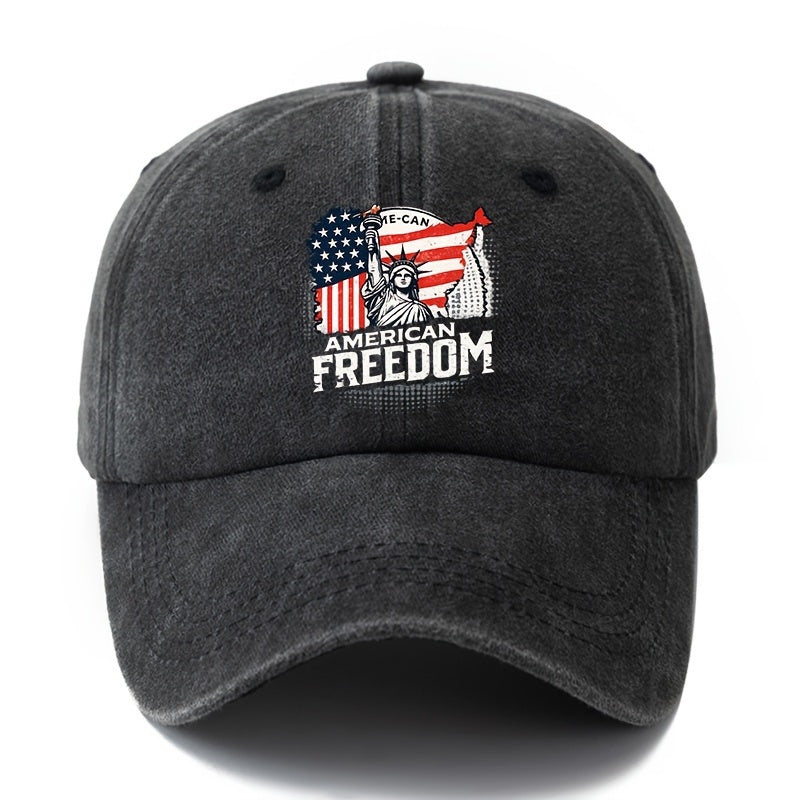A Unisex Fashionable and Versatile Printed FREEDOM Statue of Liberty Baseball Cap, Classic Vintage Washed Outdoor Lightweight Curved-brim Hat, Trucker Baseball Cap, Suitable for Outdoor Vacations, Travel, Camping, and Other Casual Occasions