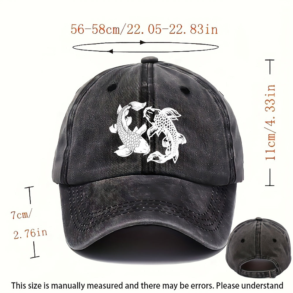 A Water-Washed Baseball Cap Featuring a Yin-Yang Fish Print - an Adjustable Unisex Hat with Traditional Chinese Koi Fish Symbols, Lightweight And Breathable for Outdoor Sun Protection, a Korean Cultural Accessory