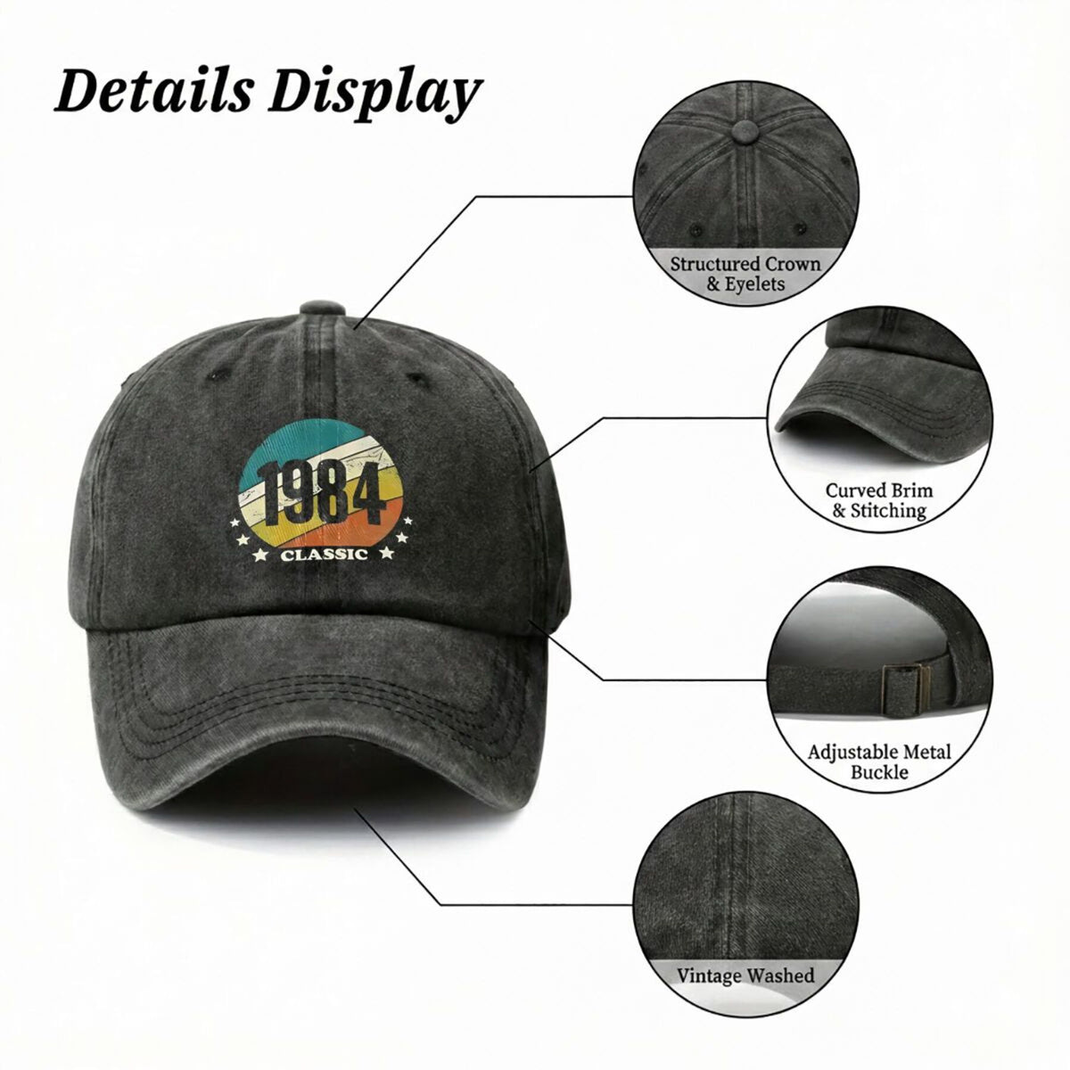 1984 Classic-Inspired, '1984 Classic' Text Color Design Vintage Washed Distressed Duckbill Cap Unisex Outdoor Baseball Cap Adjustable Washed Vintage Style Lightweight Breathable Golf Cap