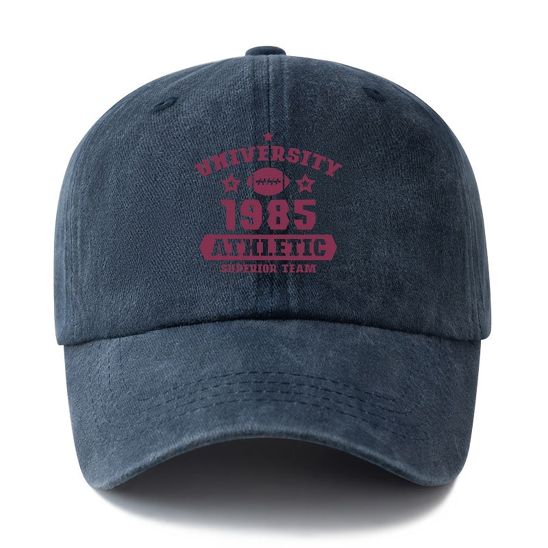 A Unisex Fashionable and Versatile Printed UNIVERSITY 1985 Baseball Cap, Featuring a Classic Vintage Washed Outdoor Lightweight Curved Brim. This Trucker Baseball Cap Is Suitable for Casual Occasions Such as Outdoor Vacations, Travel, and Camping