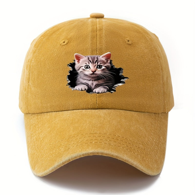 MAKEFGE Adjustable UPF Baseball Cap with Cat Ear & Iconic Kitten Print - Lightweight Washed Hip-Hop Hat Suitable for Outdoor, Casual Wear,, for -day Sun