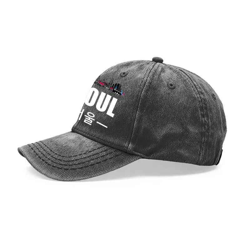 1pc Vintage Washed Unisex Baseball Caps, Seoul Skyline, Modern Cityscape Design Print Pattern, Adjustable, Suitable for Outdoor Activities and Casual Wear, Gifts for Men and Women, Friends.