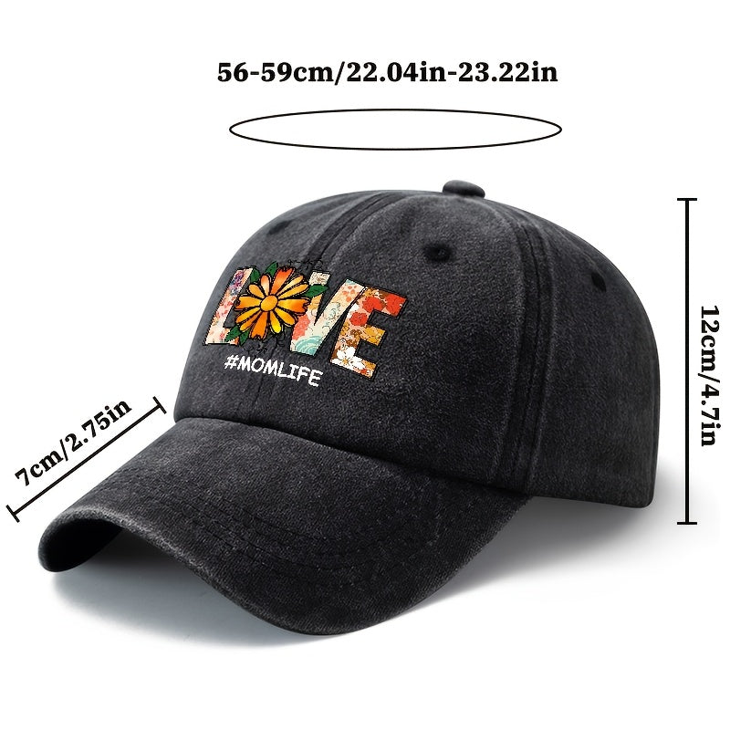 Unisex Fashion Versatile Floral Daisy LOVE Printed Baseball Cap, Classic Vintage Washed Outdoor Lightweight Curved Cap, Trucker Hat, Suitable for Outdoor Vacation Travel Camping And Casual Occasions, Holiday Party Hip-Hop Hat