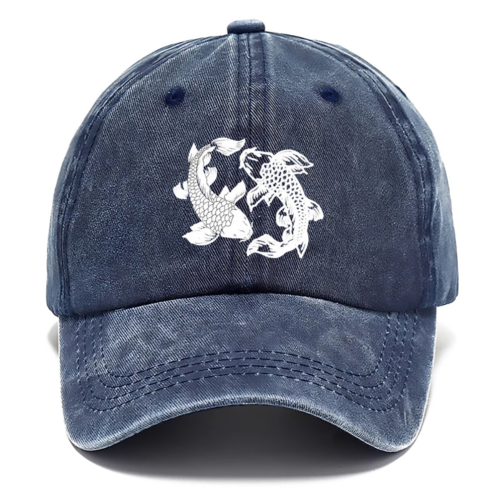 A Water-Washed Baseball Cap Featuring a Yin-Yang Fish Print - an Adjustable Unisex Hat with Traditional Chinese Koi Fish Symbols, Lightweight And Breathable for Outdoor Sun Protection, a Korean Cultural Accessory