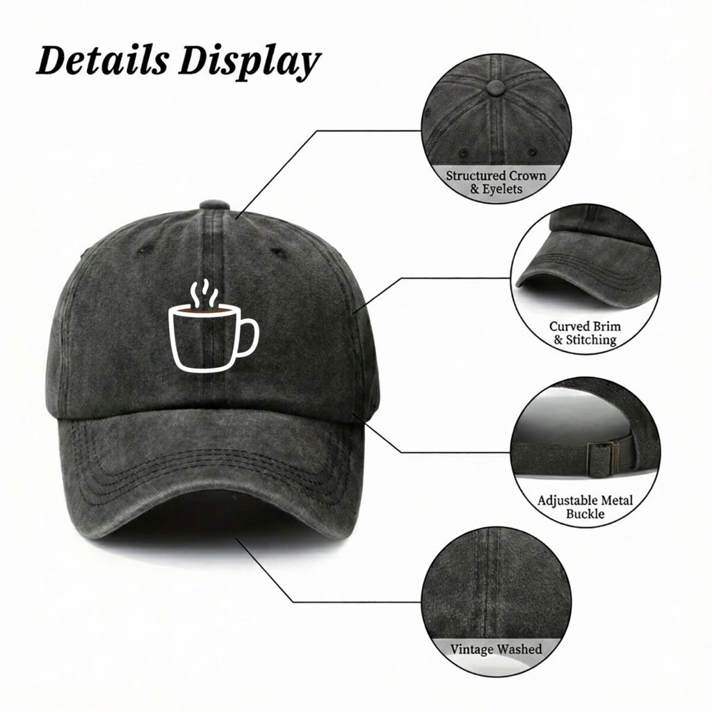 Hot Brew Coffee Mug Hot American Retro Washed Distressed Printed Baseball Cap for Men And Women, Suitable for Spring And Autumn, Outdoor Sun Hat, Personalized Trendy Hip-Hop Duckbill Cap
