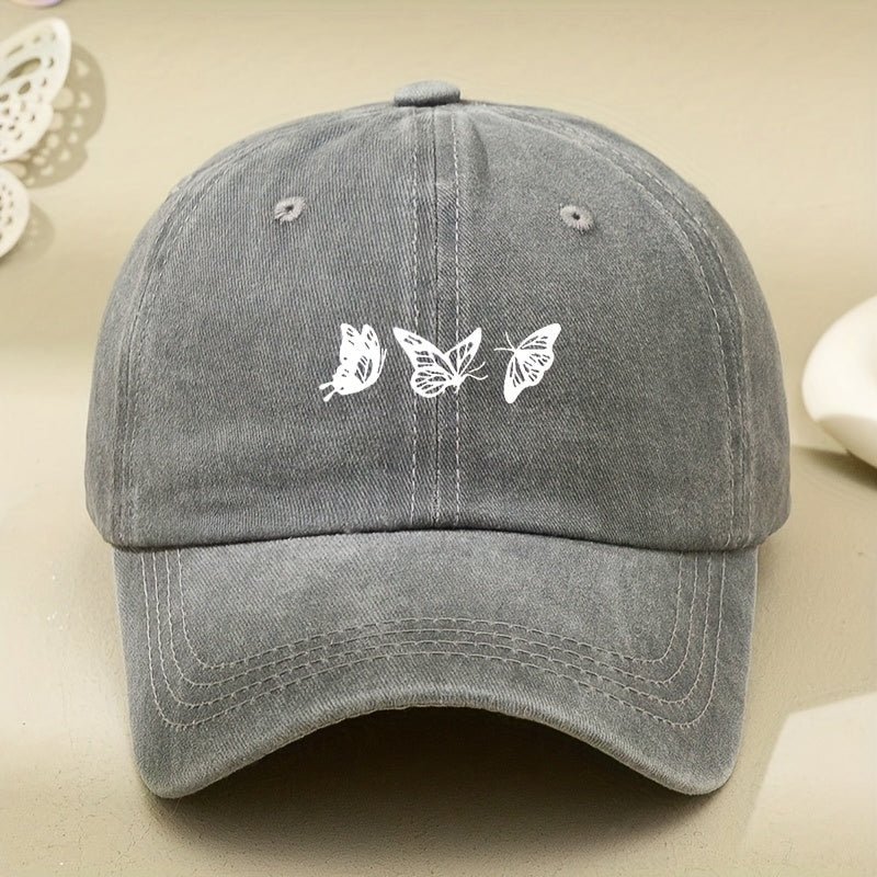 White Three-butterfly Print Women's Vintage Washed Baseball Cap, Distressed Dad Hat, Unisex Retro Foreign Trade Baseball Cap, New Soft-top Outdoor Driver's Cap, Distressed Washed Hat, Men's Hat, Women's Hat