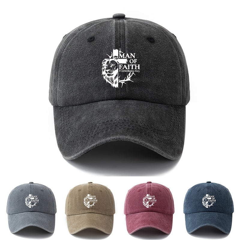 Unisex, Fashionable And Versatile Printed "MAN OF FAITH" Baseball Cap, Classic Retro Washed Outdoor Lightweight Curved Brim Cap, Suitable for Outdoor Vacations, Travel, Camping, And Other Casual Occasions, Hip-Hop Cap for Holiday Parties