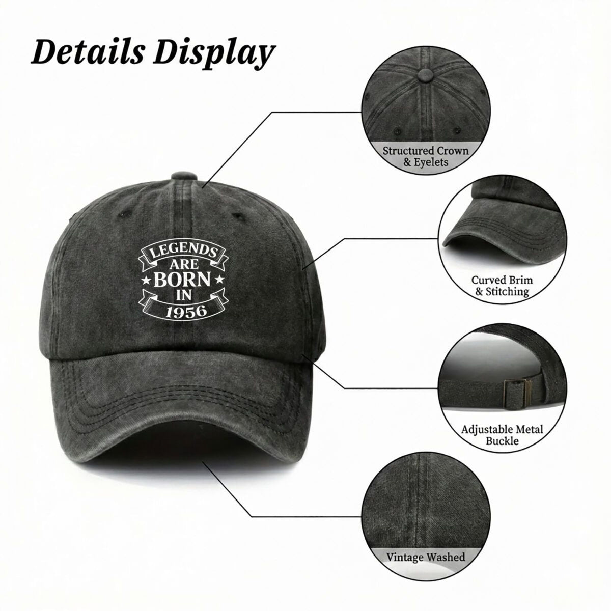 1956s Are Born Vintage Retro Baseball Cap - Unisex Adjustable Pull-String Hat with 1956 Print, Machine Washable Sun Suitable for Outdoor Sports, Casual Wear & Nostalgic Gift for Men and Women