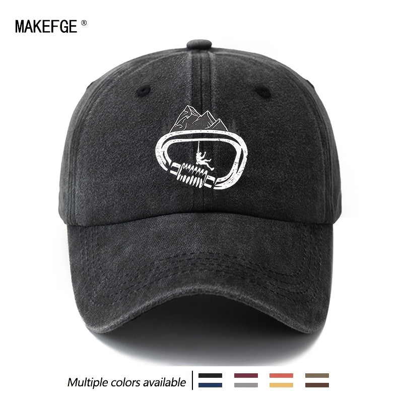 A Unisex Fashionable and Versatile Printed Rock Climbing Baseball Cap, Featuring a Classic Vintage Washed Outdoor Lightweight Curved Brim. Suitable for Casual Occasions Such as Outdoor Vacations, Travel, and Camping. Also Works as a Hip-hop Hat