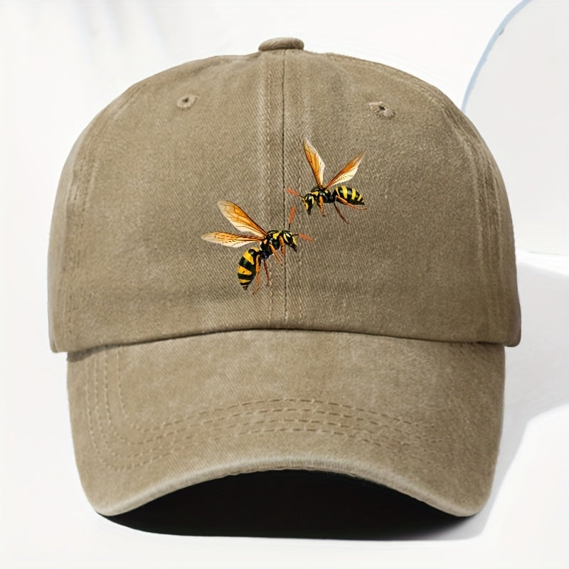 Unisex Bee Animal Print Washed Vintage Baseball Cap, Fashionable Sun Outdoor Hat for Men and Women, Adjustable Fit Trucker Hat Suitable for All Seasons and Daily Wear