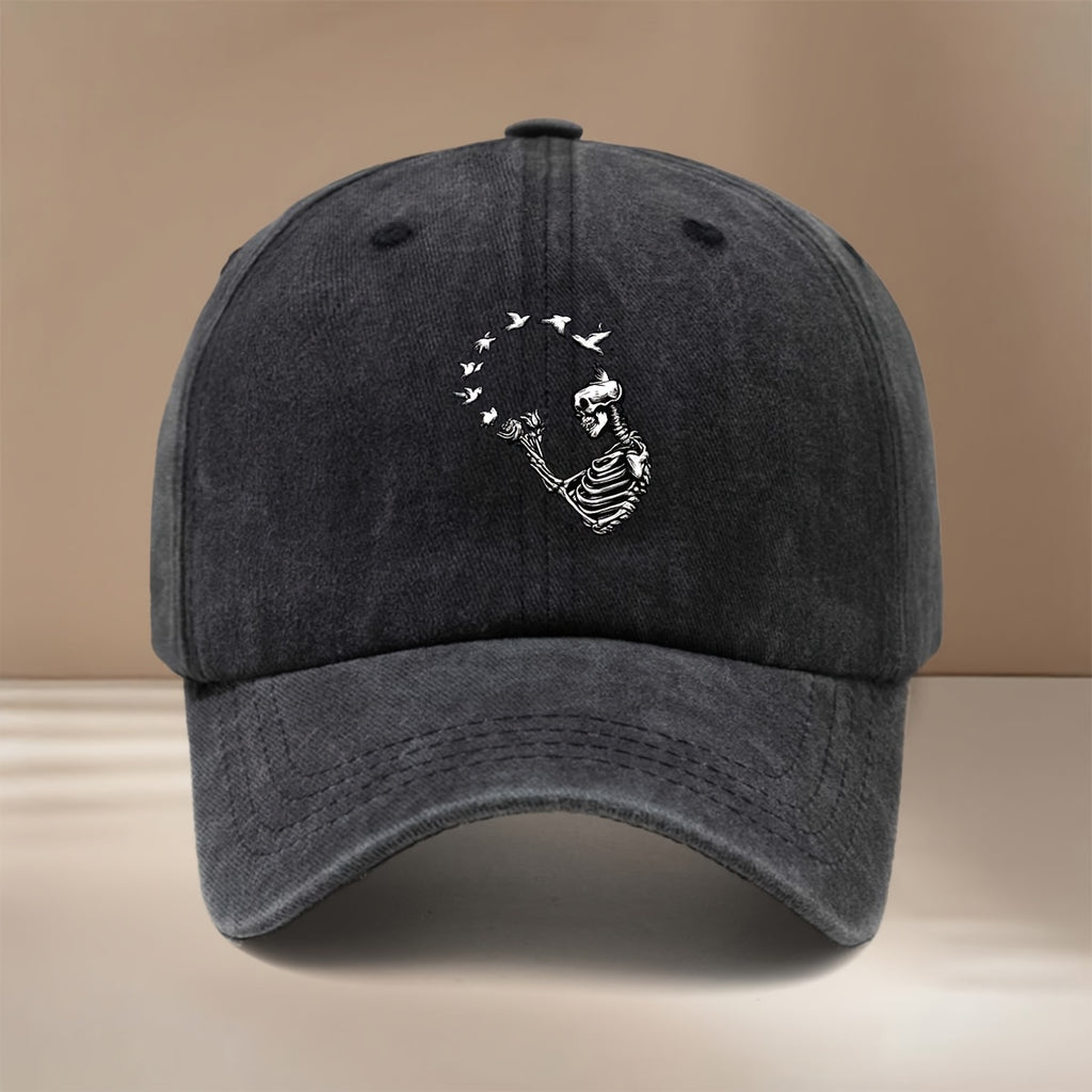 A Relaxed Six-Panel Baseball Cap Featuring a Skull And Bird Design, Suitable for Both Men And Women. This Vintage-Style Hat Is Perfect for Parties, Camping, And Hip-Hop Outfits. It'S Lightweight, Stylish, And Has a Comfortable Fit