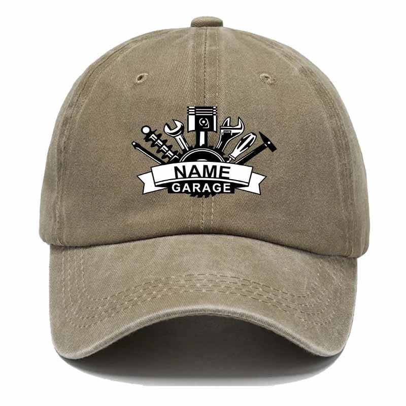 A Tool-Themed Baseball Cap Featuring a Gear Pattern Surrounded by Tools, Perfect for Garage Culture Enthusiasts And Essential for Auto Mechanics
