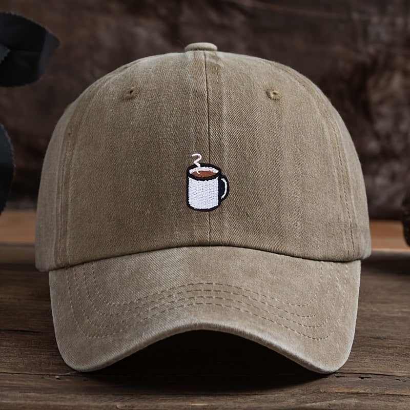 A Straightforward Men'S Baseball Cap Designed for Coffee Enthusiasts, Featuring a Cup Motif. The Fabric Is Machine Washable, Making It Ideal for Everyday Wear