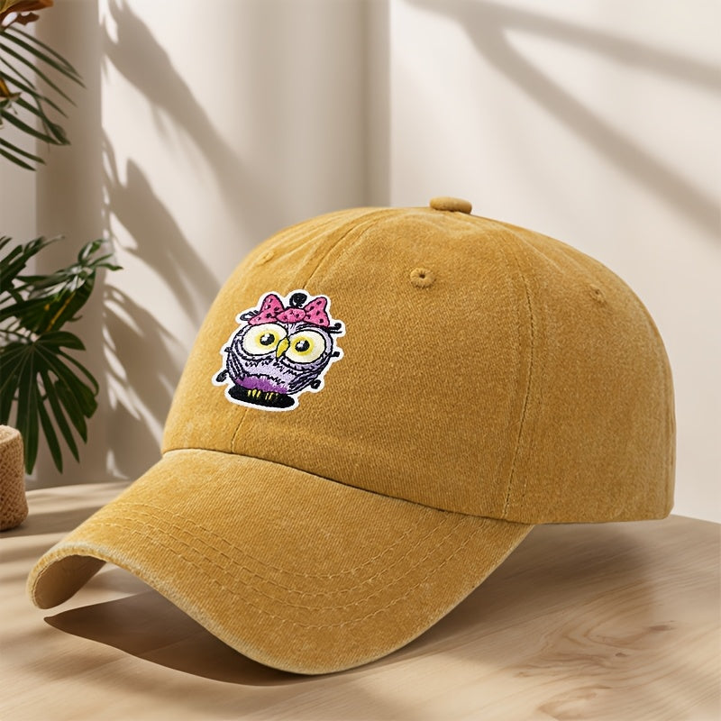 Vintage Washed Duckbill Baseball Cap with Owl Patch - Distressed Soft Breathable Sweat-Absorbent Suitable for Outdoor,, Camping, Fishing, Streetwear Hat, Washed Retro for Climbing and Casual Wear