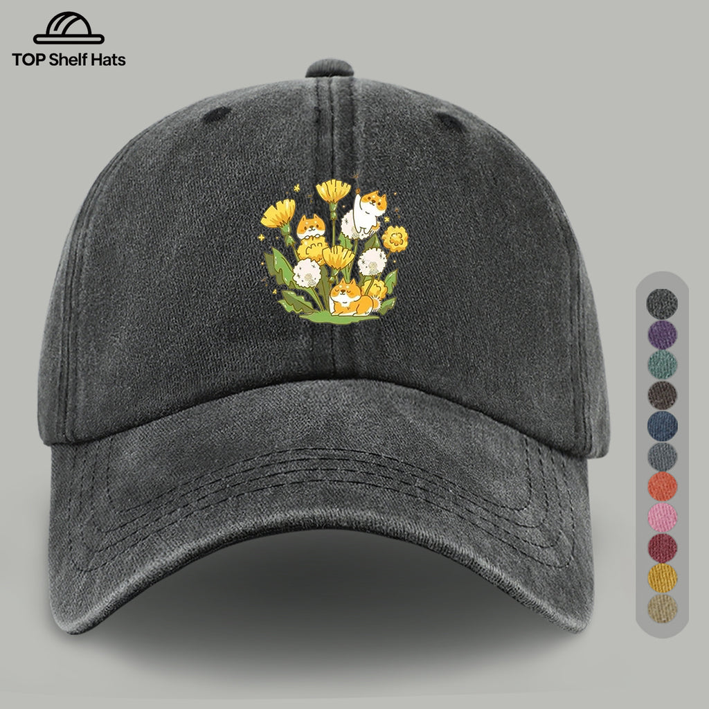 1pc Shiba Inu Dandelion Flower Patch Baseball Cap, Cute Pet Pattern Sun Hat, Fashionable Fresh And Beautiful Unisex Baseball Cap, Adjustable Size, Casual Shopping Hat, Travel Photography Hat, Suitable for Outdoor Picnics, Camping, Travel
