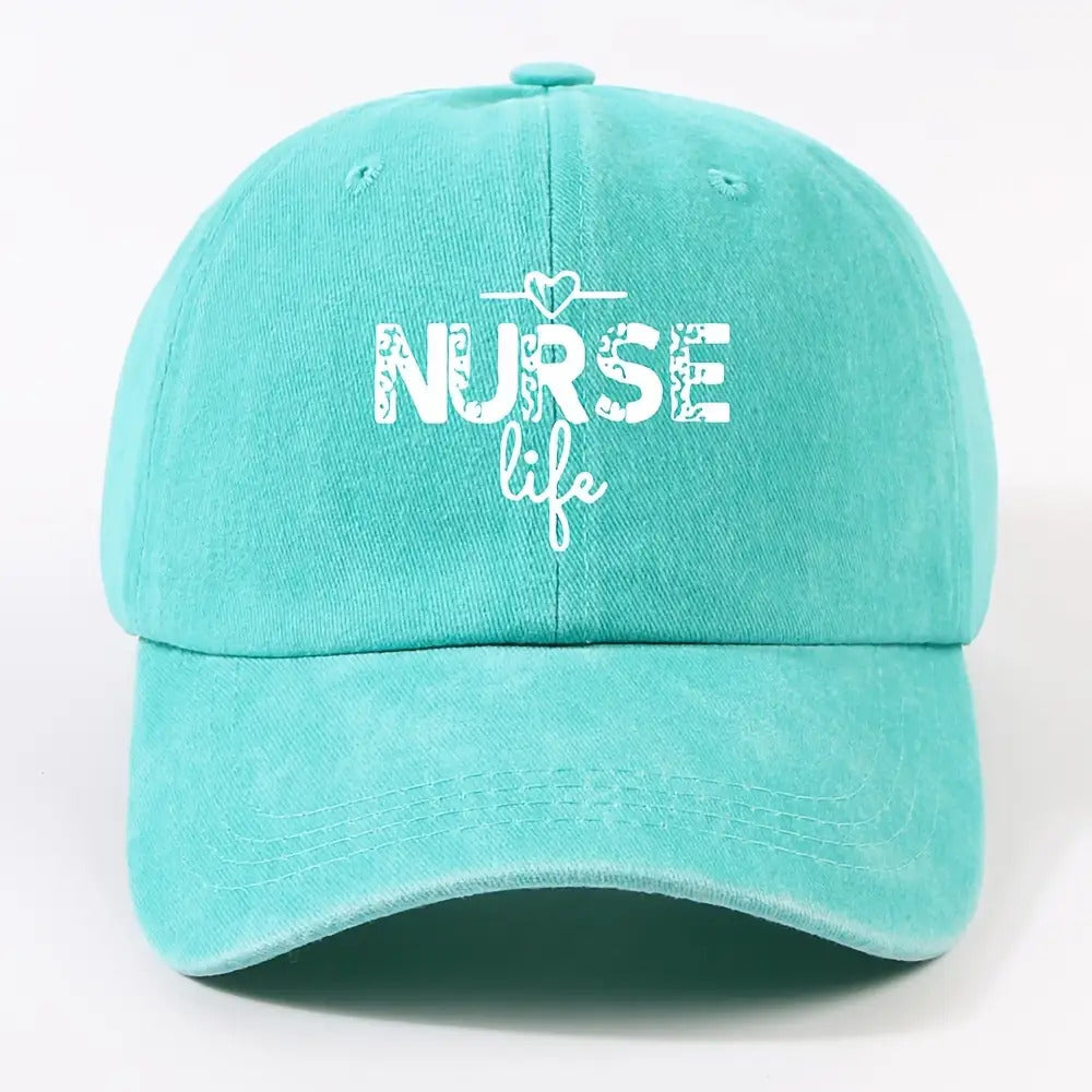 1 Fashion Nurse Letter Washed Baseball Cap Unisex Adjustable Brim Sun Hat Shopping Cycling Skateboarding Trendy Baseball Cap,  Casual Wear, Sporty Style, Geometric Pattern, Metal Buckle Closure, Durable Material, Unisex Headwear, Men And Women