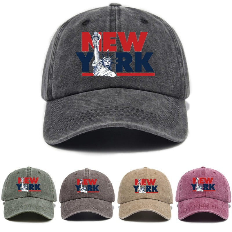 1 Washed Distressed Printed Baseball Cap for Adults, Versatile Vintage New York Statue of Liberty Print Washed Distressed Soft Top Sun Baseball Cap, Unisex