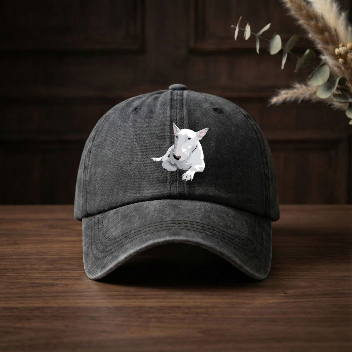 Bull Terrier Realistic White Bull Terrier Pet Portrait Art American-Style Printed Baseball Cap Vintage Washed Distressed Unisex Spring And Autumn Outdoor Sun Hat Personalized Trendy Hip-Hop Duckbill Cap