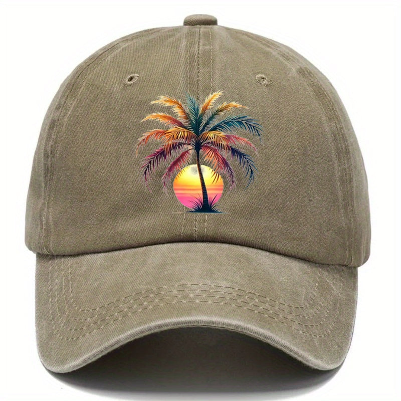 Men'S Cap Featuring a Sunset Palm Tree Design, Perfect for Casual Wear And Outdoor Activities at The Beach. This Stylish Baseball Hat Is Adjustable And Comes in Various Styles