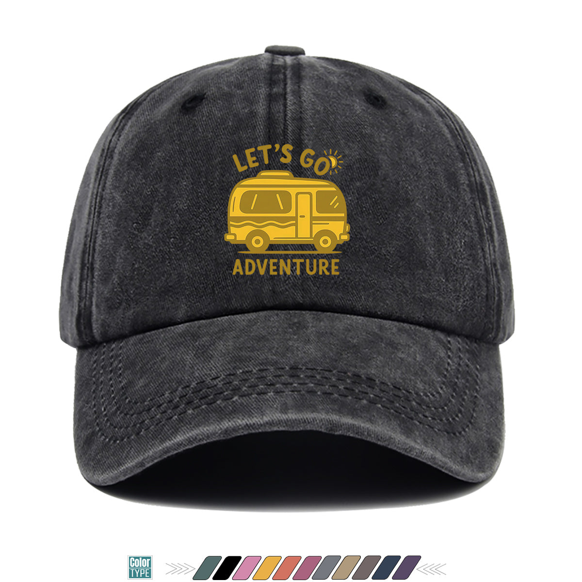 1pc "LET's GO ADVENTURE" Camper Van Print Baseball Cap, Vintage Yellow RV Pattern Sun Hat, Fashionable Casual Sun Hat, Unisex Adjustable Duckbill Cap for Outdoor Adventures, Road Trips, Camping Picnics, Weekend Outings, Park Strolls, Beach Vacations
