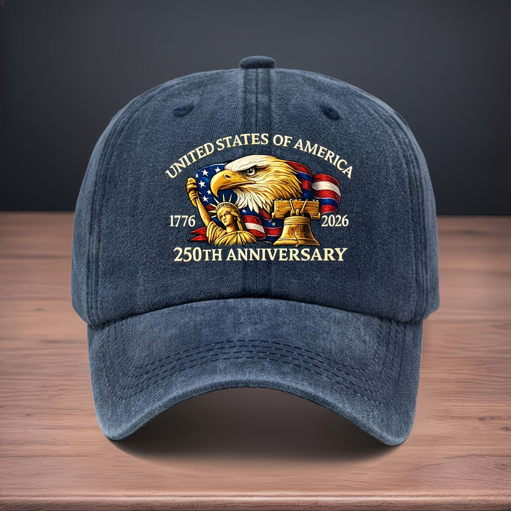 Printed to Commemorate the 250th Anniversary of the Founding of the United States 1776-2026. Baseball Cap with Statue of Liberty and Eagle Design. Curved Brim Cap. Washed and Distressed Duckbill Cap. Versatile and Comfortable Hip-hop Hat