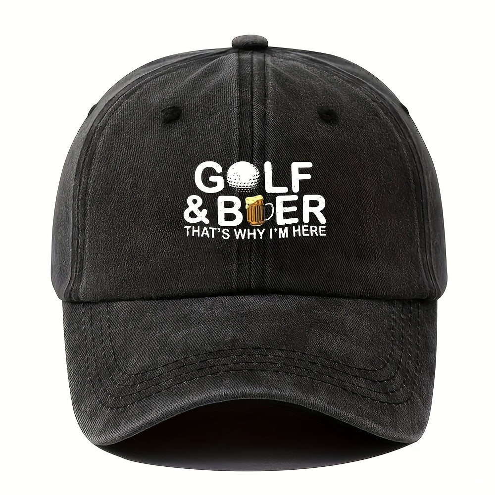 1 "Golf & Beer" Printed Baseball Cap with a Bold "That's Why I'm Here" Slogan and Golf Ball Graphic, Unisex, Adjustable Casual Style Hat for Outdoor Parties, Festivals, Camping, Hip-hop Trucker Hats, Suitable for Outdoor Activities, Picnics
