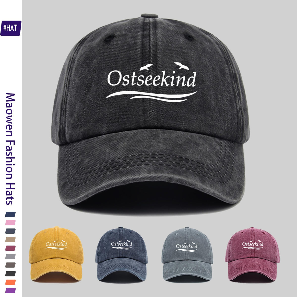 1pc Vintage Washed Duckbill Trucker Hat with Ostseekind & Seagull Logo Print, Adjustable Snapback Cap Suitable for Outdoor Fishing, Hunting, Vacations, Unisex for Men & Women, Machine Washable, Retro Logo