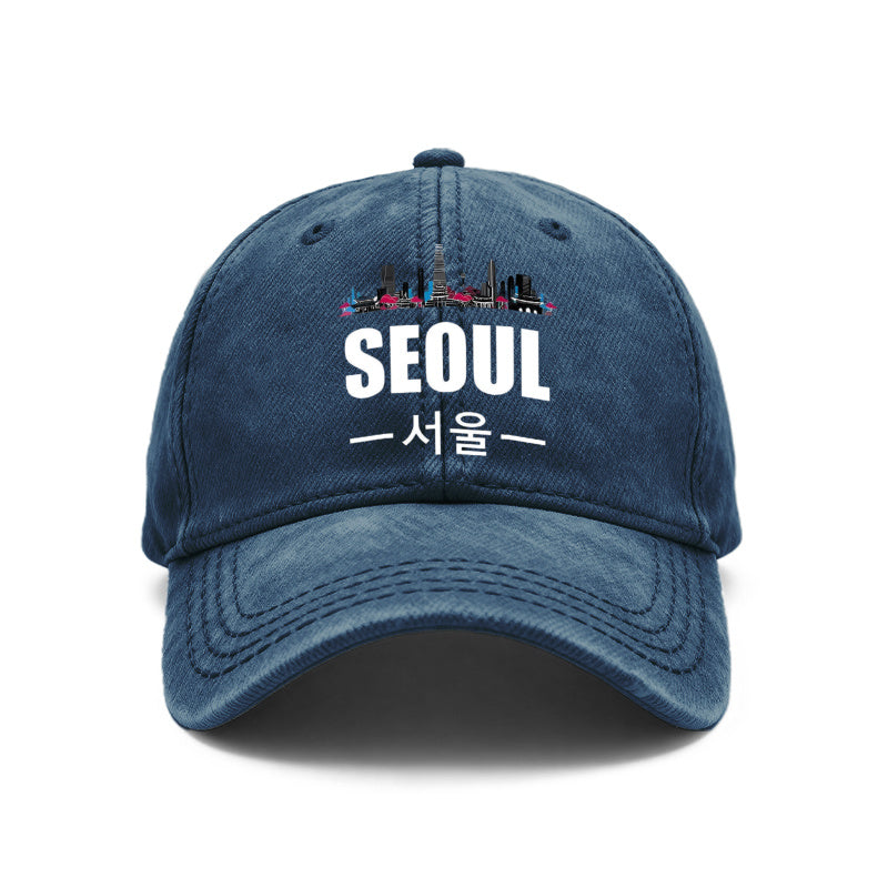 1pc Vintage Washed Unisex Baseball Caps, Seoul Skyline, Modern Cityscape Design Print Pattern, Adjustable, Suitable for Outdoor Activities and Casual Wear, Gifts for Men and Women, Friends.