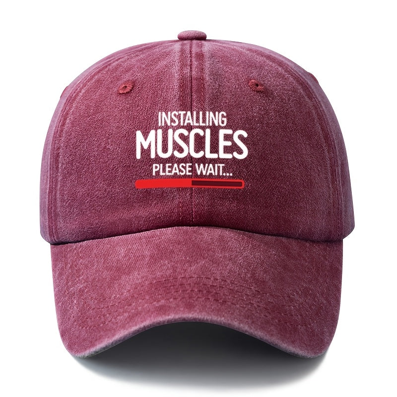 A Unisex Fashionable and Versatile Printed "MUSCLES" Baseball Cap, Featuring a Classic Vintage Washed Outdoor Lightweight Curved Brim. This Trucker Baseball Cap Is Suitable for Casual Occasions Such as Outdoor Vacations, Travel, and Camping. It Also