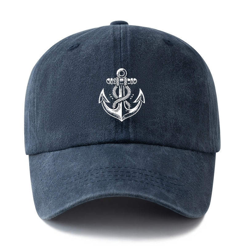 Unisex, Fashionable And Versatile Printed White Anchor Baseball Cap, Classic Retro Washed Outdoor Lightweight Curved Brim Cap, Trucker Baseball Cap, Suitable for Outdoor Vacations, Travel, Camping, And Other Casual Occasions, Hip-Hop Style Cap
