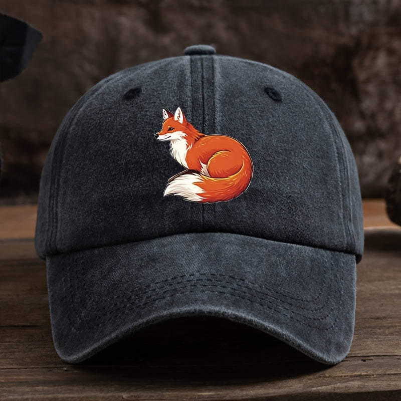 Fun Fox Print Baseball Cap Classic Washed Distressed Retro Curved Brim Hat Outdoor Casual Sports Running Hiking Camping Fishing Hat Soft Comfortable Dad Hat Individual Street Rock Hip-Hop Hat