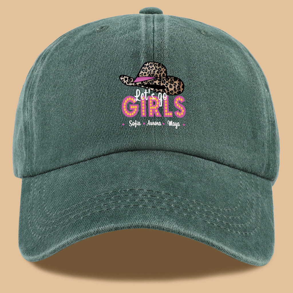 1pc Leopard Print Wide Brim Baseball Cap, Pink Brim with "Let'S Go GIRLS" Neon Style Letters, Adorned with Sofia, Aurora, Maya Names. Fashionable And Individual Sun Hat, Adjustable Size. Bestie Outing Hat, Sister Gathering Hat