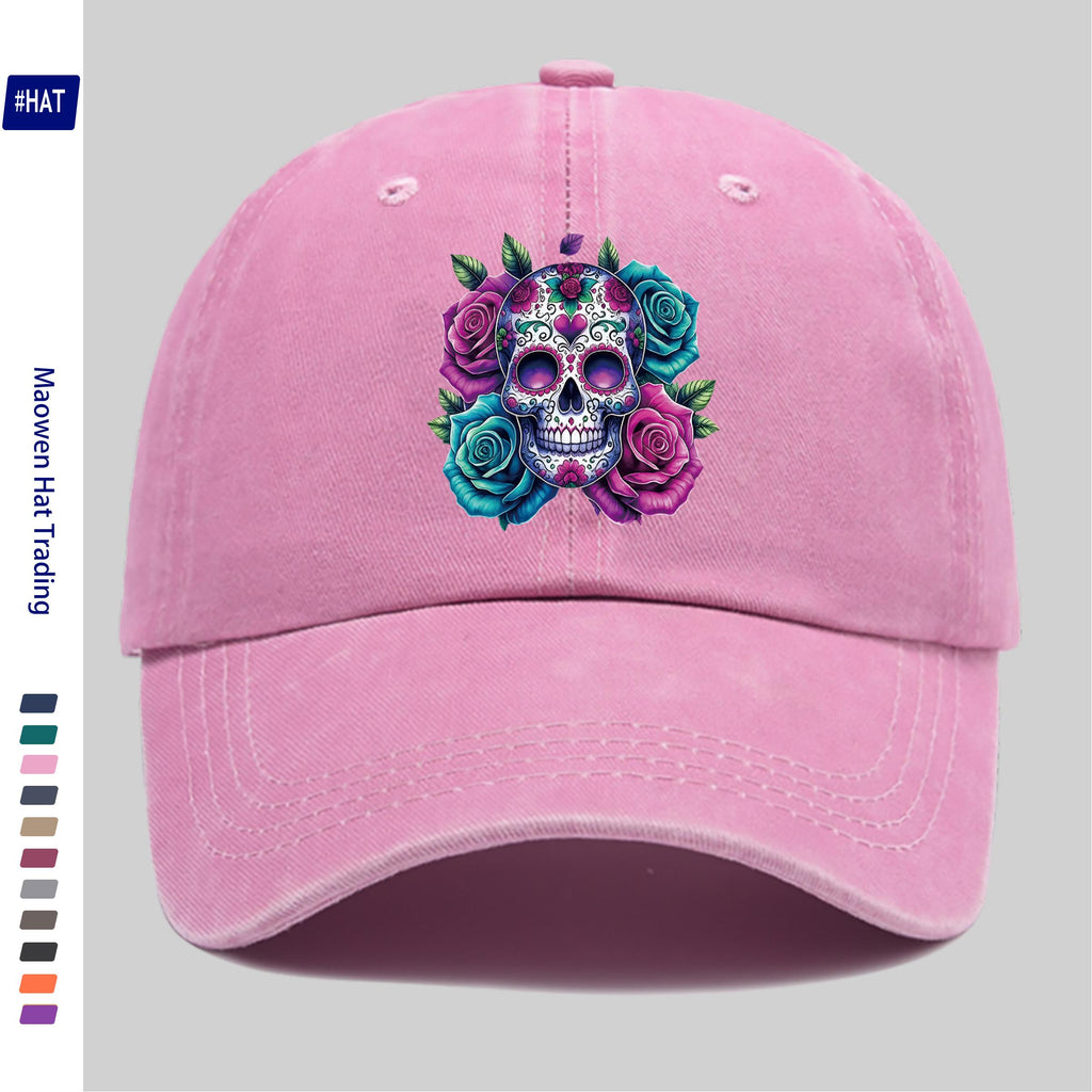 1pc Washed Baseball Cap, Festive Skull And Rose Pattern with Heat Transfer Design, New Halloween-Themed Autumn/Winter Distressed Baseball Cap, Unisex, Adjustable, Lightweight Outdoor Hat