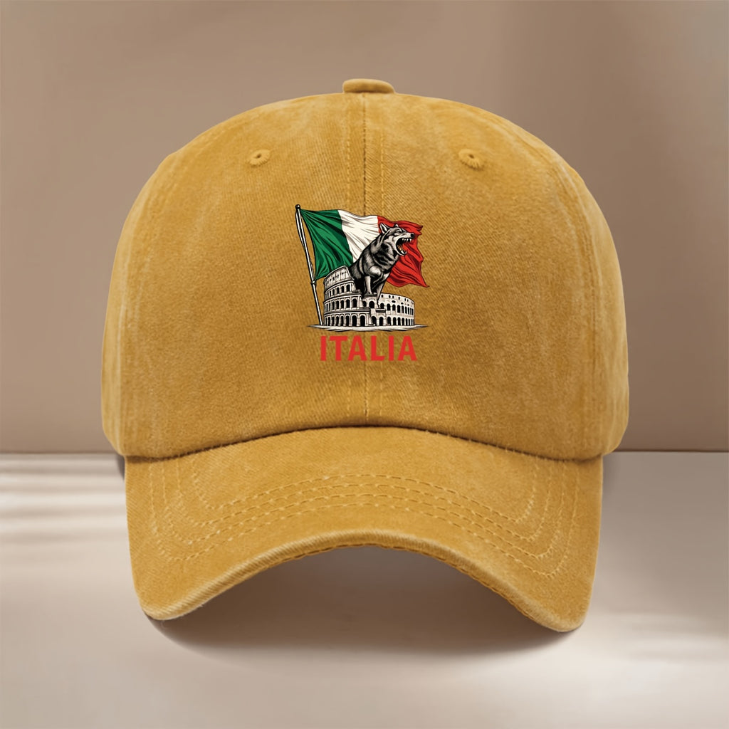 Baseball Cap with "ITALIA" Text and Wolf Graphic, All-season Versatile Fit, Casual and Relaxed Style, Textured Six-panel Design, Comfortable and Lightweight Hip-hop Cap, Adjustable Size, Curved Brim, Unisex Snapback, Trendy and Fashionable for Sports