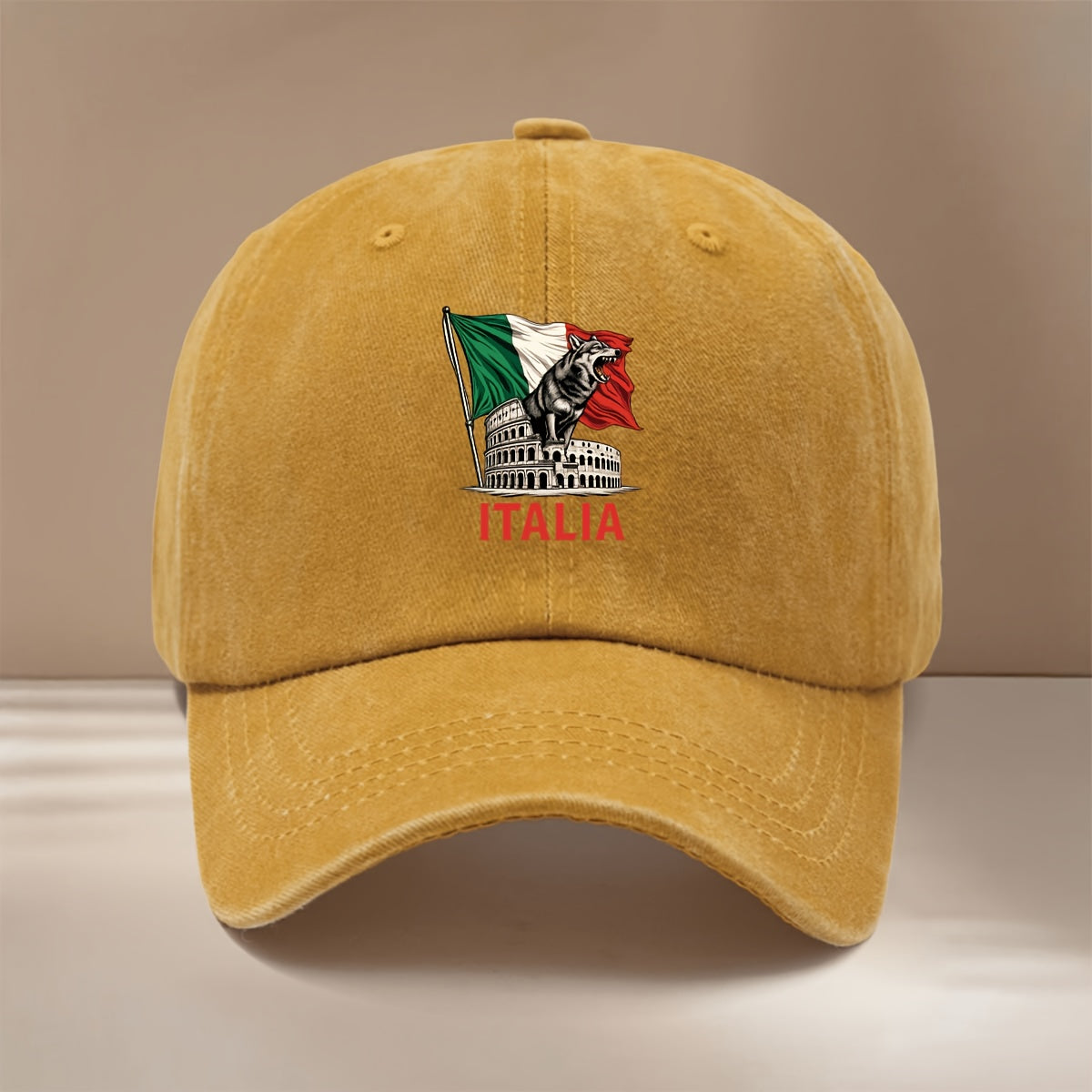 Baseball Cap with "ITALIA" Text and Wolf Graphic, All-season Versatile Fit, Casual and Relaxed Style, Textured Six-panel Design, Comfortable and Lightweight Hip-hop Cap, Adjustable Size, Curved Brim, Unisex Snapback, Trendy and Fashionable for Sports