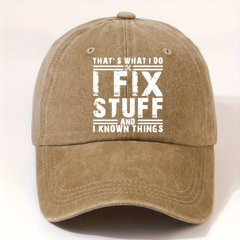 EOXF Vintage Washed Baseball Cap- Black with the Text "I Fix Stuff, " Adjustable Strap, Breathable Six-panel Design, Suitable for Mechanics, DIY Enthusiasts, and Everyday Casual Wear- Unisex Headwear, Vintage Style, Adjustable Size