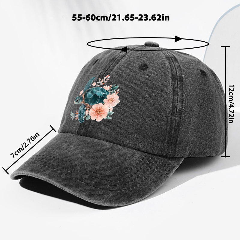 Unisex Floral Turtle Animal Print Washed Vintage Baseball Cap Fashion Men Women Sun Hat Adjustable Size Trucker Cap Suitable for All Seasons Daily Wear
