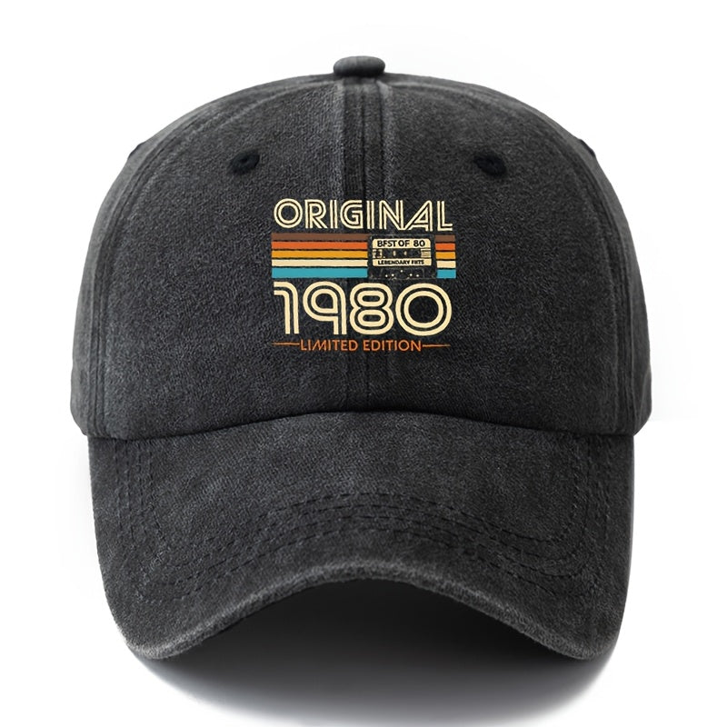 A Unisex, Stylish, and Versatile ORIGINAL 1980 Printed Baseball Cap. This Classic Vintage-washed Outdoor Lightweight Curved-brim Hat Is Also Known as a Trucker Cap. Suitable for Casual Occasions Like Outdoor Vacations, Travel, and Camping, It Also