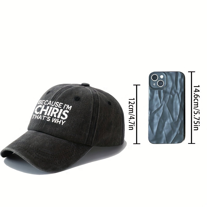 MAKEFGE "Because I'm Chris, That's All" Baseball Cap - Snapback Washed Polyester Sun Hat Suitable for Outdoor, Parades, Festivals, Casual Wear | All- Cap with Iconic Text, Available in Black, Tan, Navy, Dark Gray
