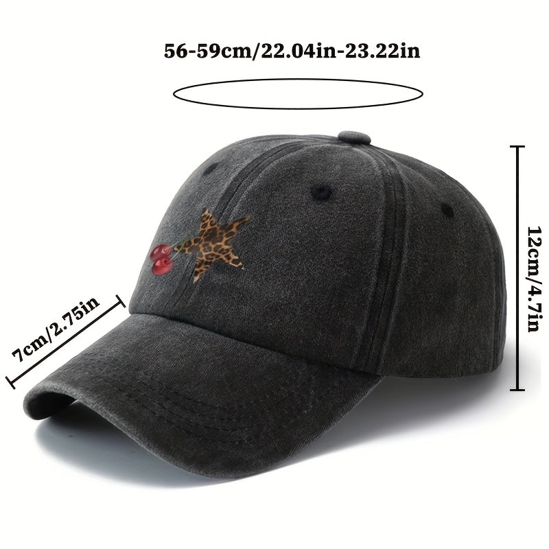 Unisex Fashion Versatile Printed Cherry Leopard Print Five-Pointed Star Baseball Cap, Classic Retro Washed Outdoor Lightweight Curved Brim Cap, Trucker Baseball Cap, Suitable for Outdoor Vacations, Travel, Camping, And Other Leisure Occasions