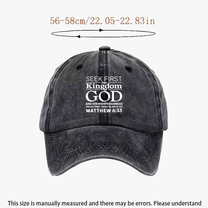 Verse Baseball Cap with Matthew 6:33 Scripture - Faith Hat for Church, Worship & Study, Inspirational Religious Gift For, Soft Comfortable Textile Cap (Black/Dark Grey/Navy/Tan/Green)